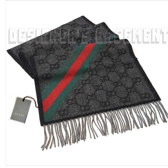 GUCCI charcoal & black GG green & red WEB detail NIKKY Angora blend fringe scarf - Picture 4 of 11